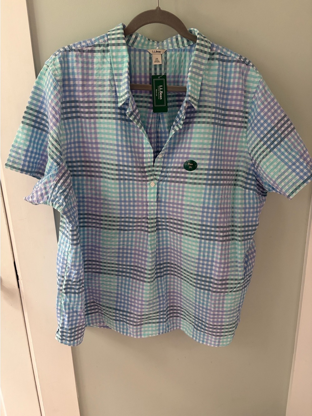 NWT L.L. Bean 2X Vacationland Gingham Seersucker popover blouse